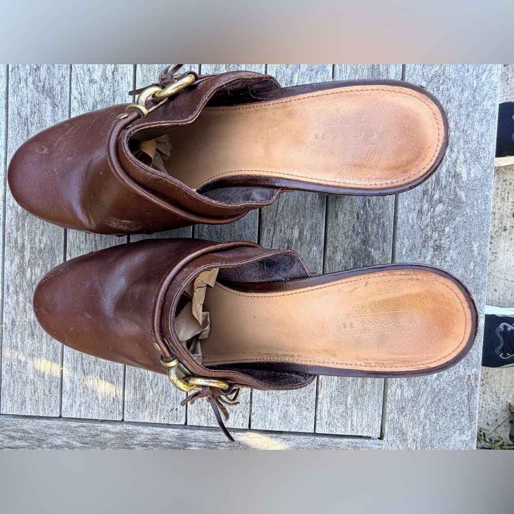 Coach Brown Leather Platform Mules with brass studs and accents. - Picture 9 of 15